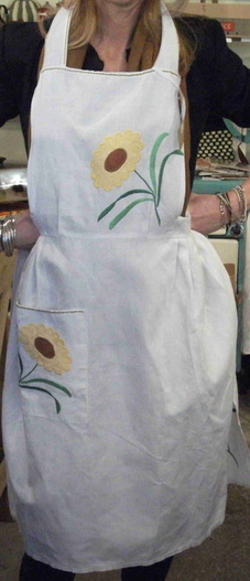 Full length pinafore in vinatge linen with sunflowers